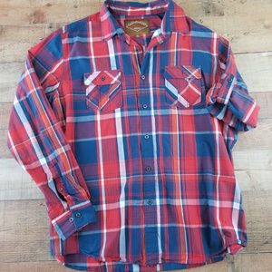 Red Camel Plaid Button Down Shirt Roll Tab Sleeve